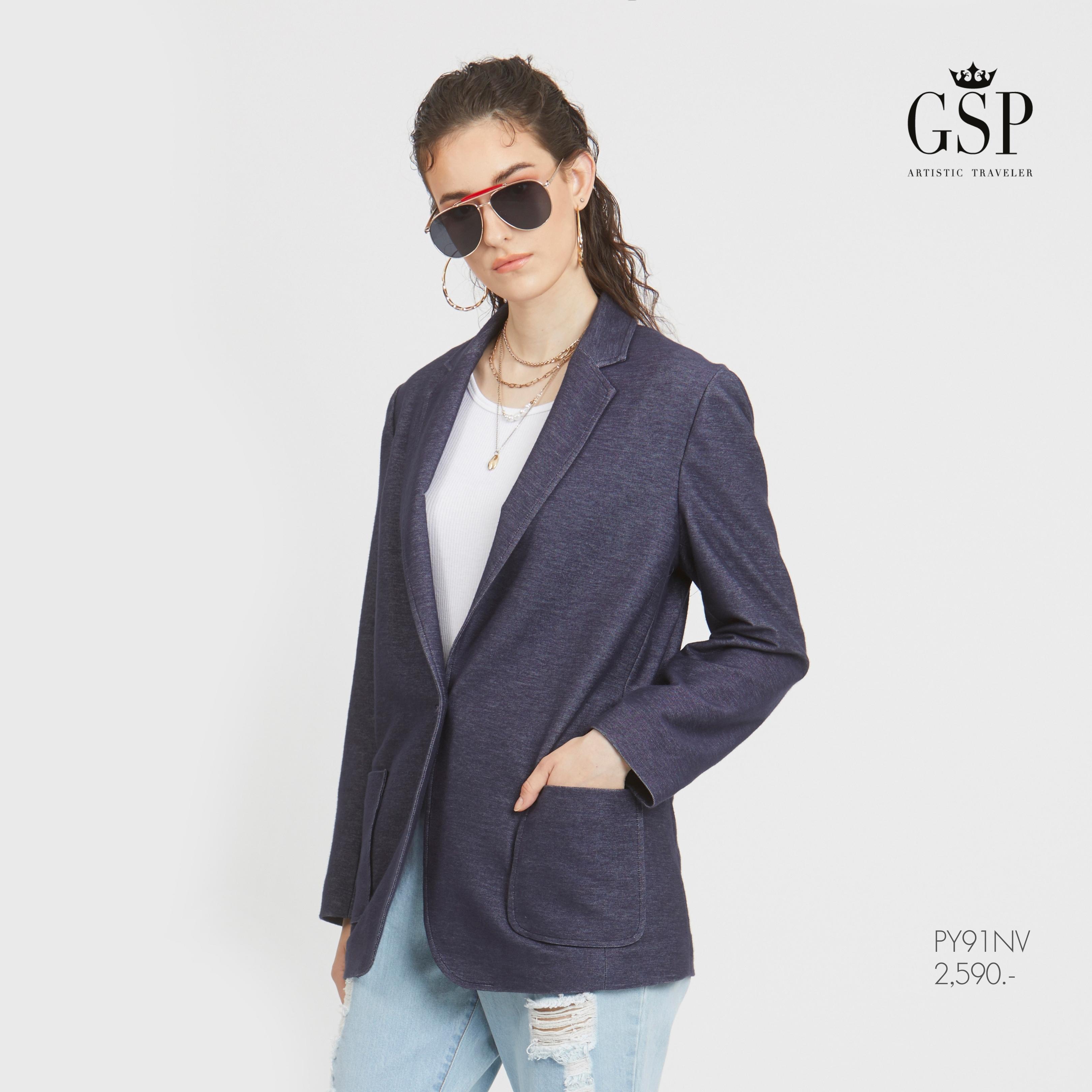 GSP Jacket แจ็คเก็ตทรงหลวม ผ้ายีนส์เนื้อนุ่ม เสื้อแจ็คเก็ต แจ็คเก็ตผู้หญิง เสื้อสูทผู้หญิง เบลเซอร์ (PY91NV) ราคา 2,590 บาท*ส่งฟรี