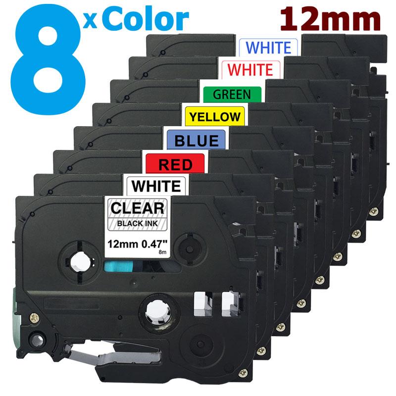 8 Color 12mm Label Tape for Brother PTouch TZe TZ 131 231 431 531 631 731 232 233 Compatible with P-Touch P Touch Labeler Printer Labeling Tool System, Laminated Sticker Ribbon Lettering Print Cassette Mixed Multicolor Multi Pack