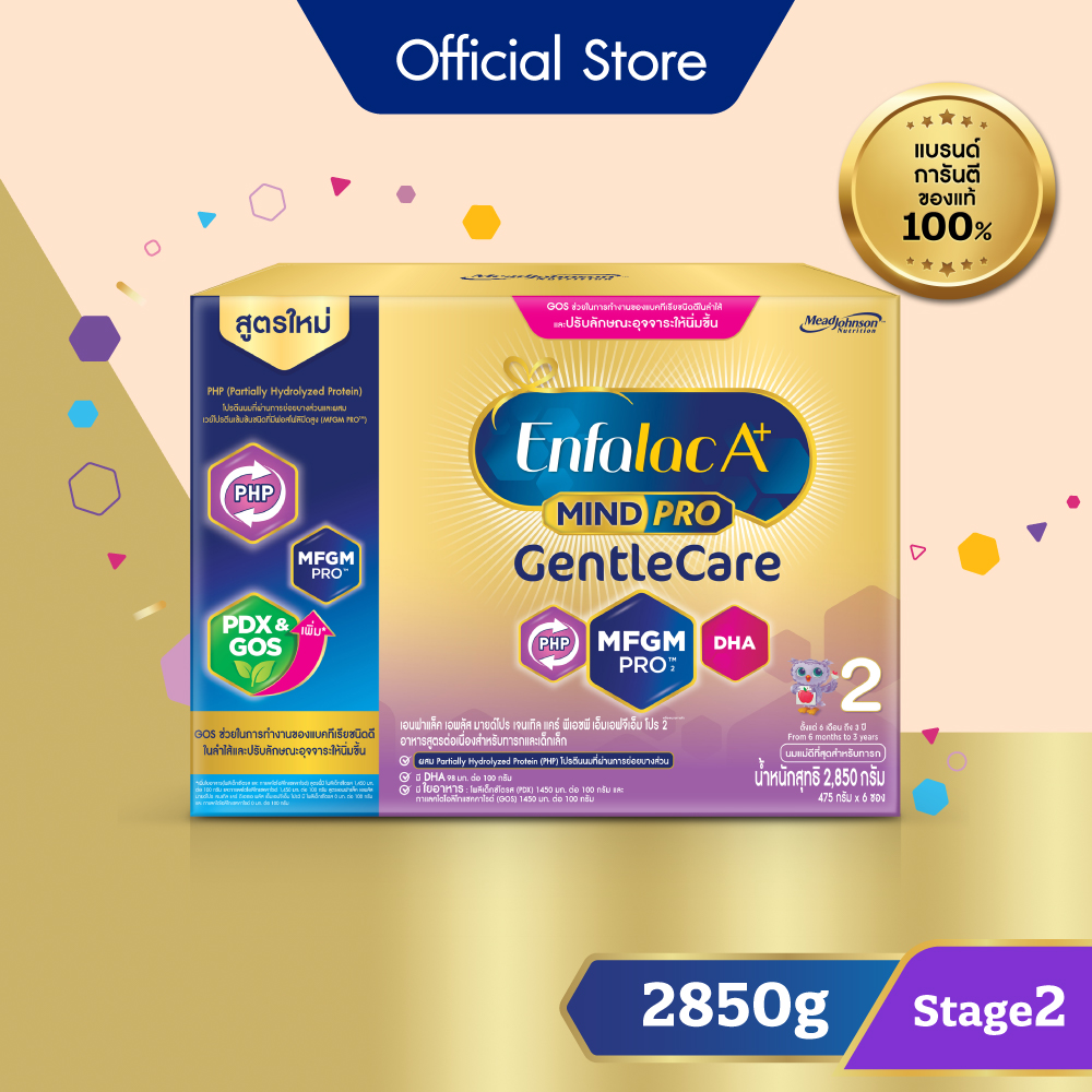 นมผง เอนฟาแล็ค เอพลัส มายด์โปร เจนเทิล แคร์ สูตร2 (2850 กรัม) Enfalac A+ MindPro Gentle Care Stage2 (2850 g) *แพ็คเกจอยู่ระหว่างการเปลี่ยนแปลง