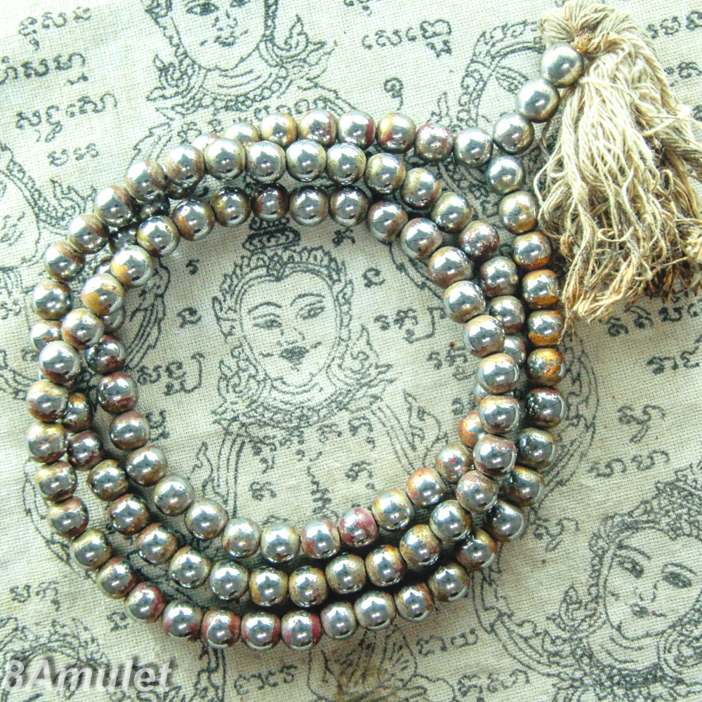 Rosary Beads, 108 Beads, 8 Mm. Luang Phu To, Varnish Steel Flowing with Silver Suitable for Practicing Vipassana, Kamma Sutta, Meditation