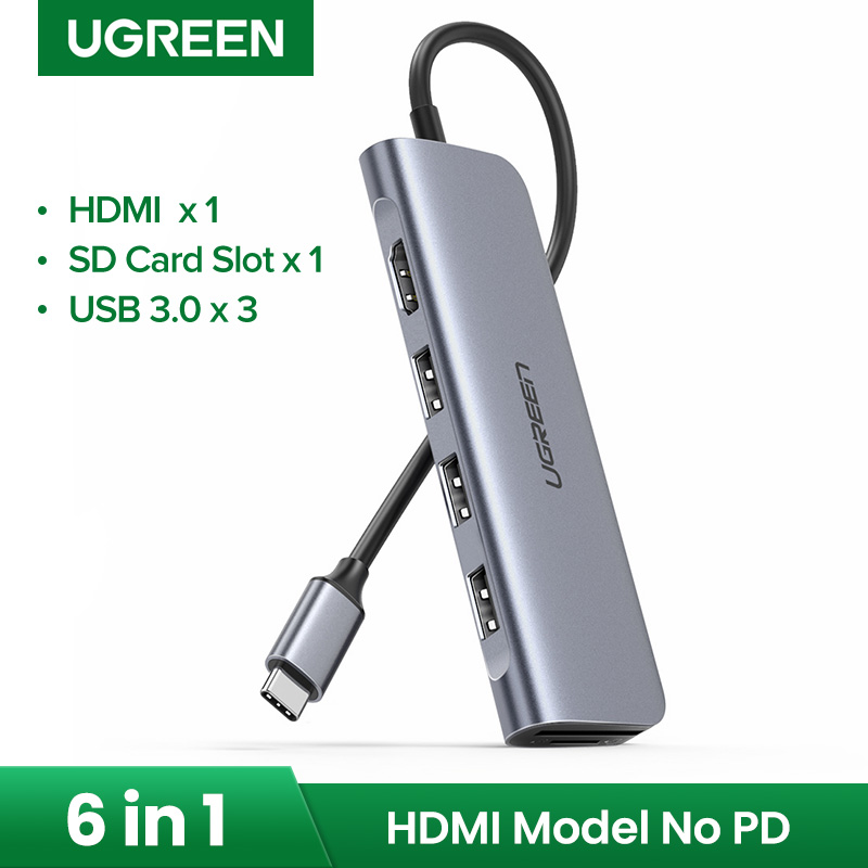 Ugreen วแปลงสัญญาณ USB C เป็น HDMI หัวแปลงสัญญาณ HDMI 6-in-1 USB 3.0*3 TF/SD Card Reader for Surface pro 7/iPad Pro 2021/2020, MacBook Pro Air 2019 2018 MacBook Samsung Galaxy Tab S6 Huawei P40