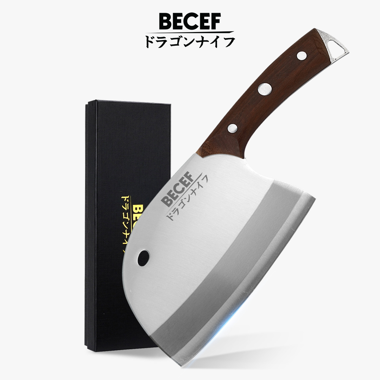 BECEF มีดปังตอ หัวมังกร Premium ขัดเงาสีเงิน มีดหั่น สับ ซอย มีดสไตล์ญี่ปุ่น มีดปังตอ สันหนา 3 มิล ใบมีดขัดเงาใบมีดสวยงาม ด้ามไม้แฮนด์เมด รับประกันนาน 30 วัน ราคา 329 บาท*ส่งฟรี