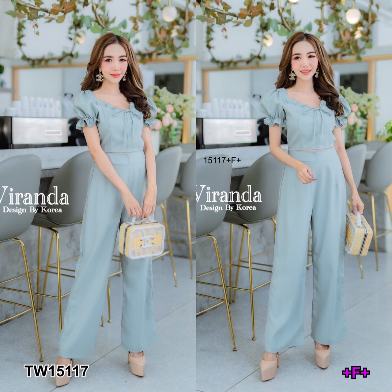 TW15117 Set 2 ชิ้น เสื้อแขนพอง อกจับจีบผูกโบว์ + กางเกงขายาว