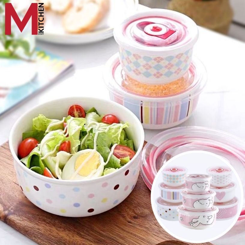 M KITCHEN ชุดชามเซรามิค ชามเซรามิค พร้อมฝาปิด 3ใบ/ชุด เข้าไมโครเวฟได้ กล่องใส่อาหาร กล่องใส่ข้าว ชามกระเบื้อง ชามเซรามิก ชุดชามเซรามิก