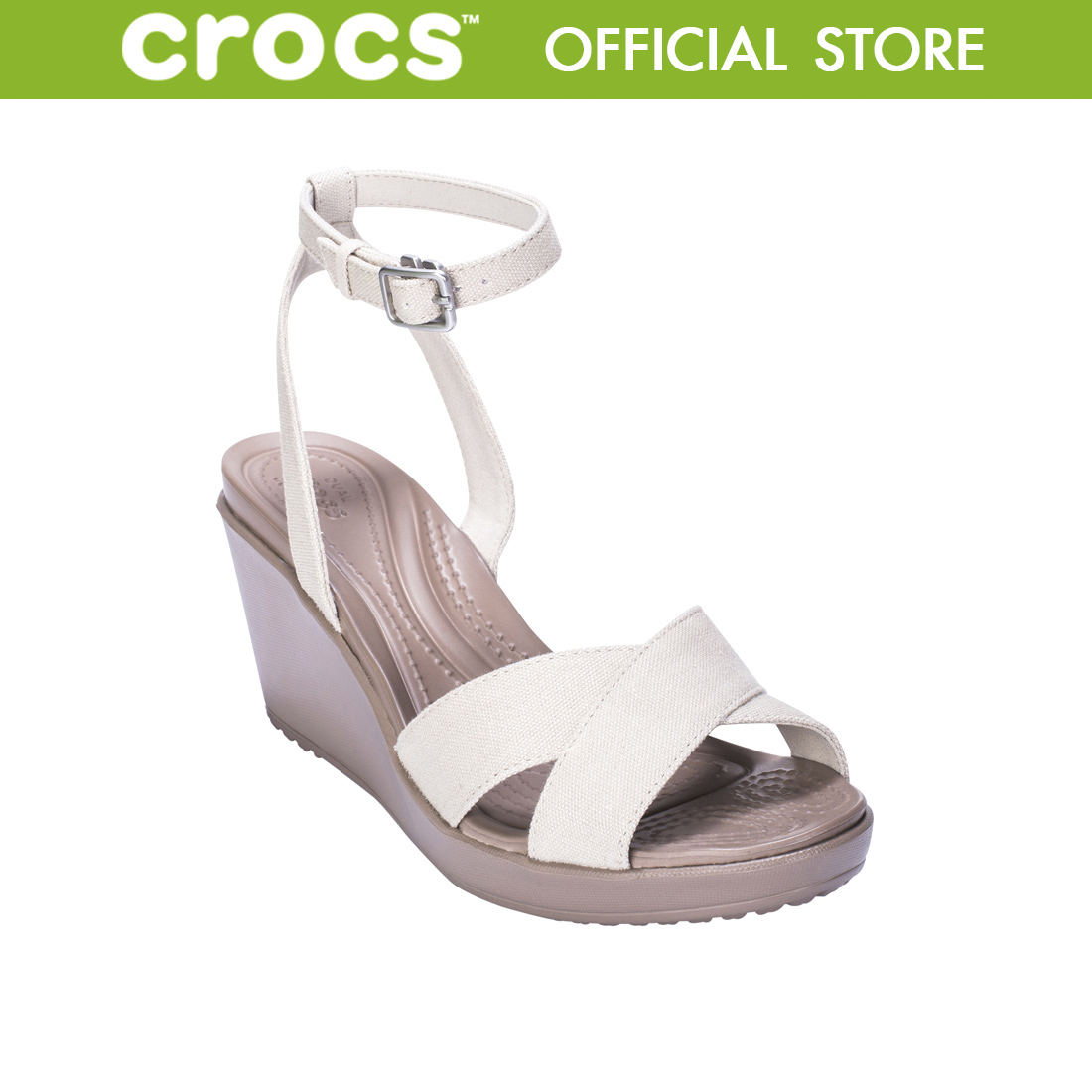 CROCS Leigh 2 Cross-Strap Ankle Wedge รองเท้าส้นสูงสำหรับ ผู้หญิง