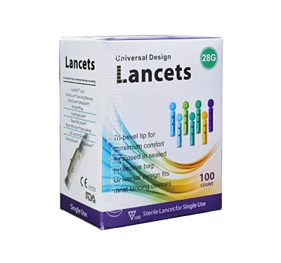 LANCETS เข็มเจาะเลือด สเตอร์ไรด์ เพื่อตรวจระดับน้ำตาลในเลือด 28G. บรรจุ 100 ชิ้น/กล่อง 1 กล่อง