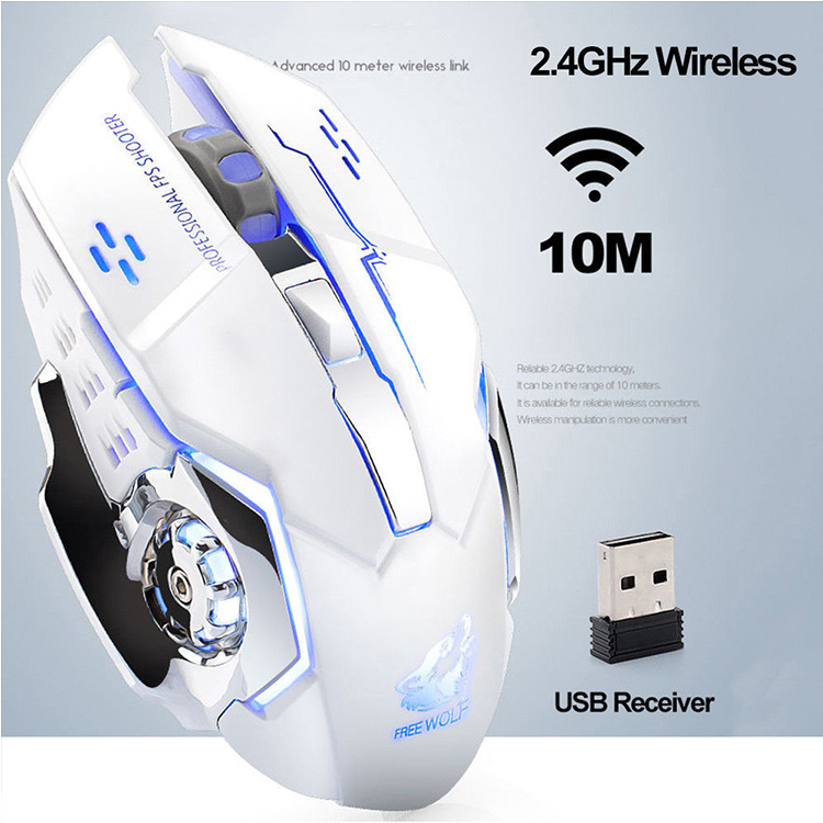 Free Wolf X8 Wireless USB Charging 2.4Ghz Gaming Mouse Silent Luminous Mechanical Mouse verticalDPI800-1600-2400