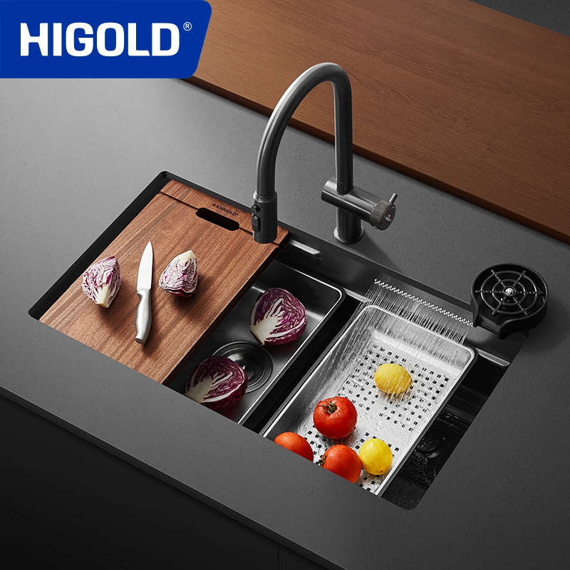 HIGOLD Handmade Waterfall Sink Black Nano Kitchen Sink 304 Stainless Steel Drift Rain Waterfall Single Sink Topmount and Undermount Basin Set ราคา 4,131 บาท*ส่งฟรี
