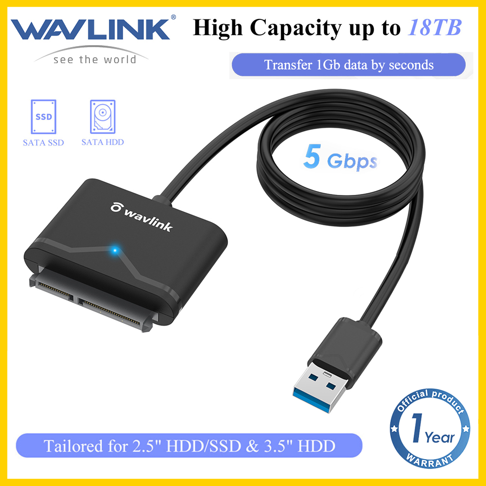 Wavlink USB 3.0 SATA III Hard Drive Adapter Cable SATA to USB 5Gbps Adapter Cable for 2.5" HDD/SSD and 3.5" HDD Hard Drive Connector Supports UASP, TRIM and S.M.A.R.T Auto Sleep Mode Up to 18TB - Black ราคา 229 บาท*ส่งฟรี