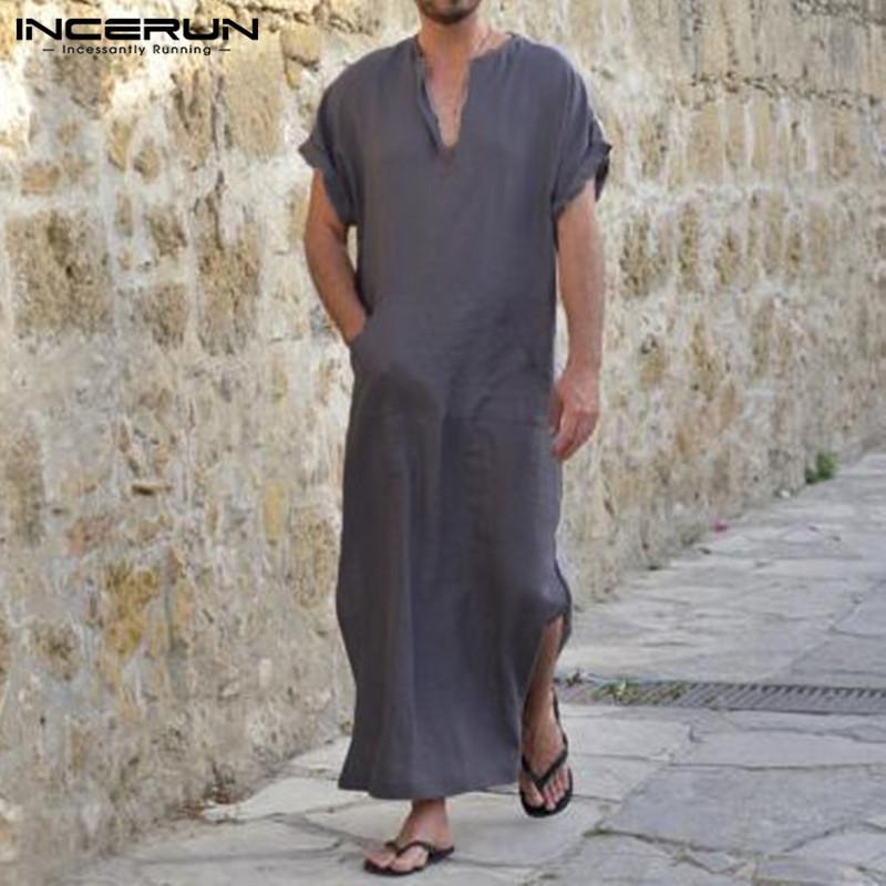 (มุสลิม) INCERUN Mens ฤดูร้อน V คอสั้นแขนเสื้อ VINTAGE เสื้อยืดลำลองหลวม Kaftan