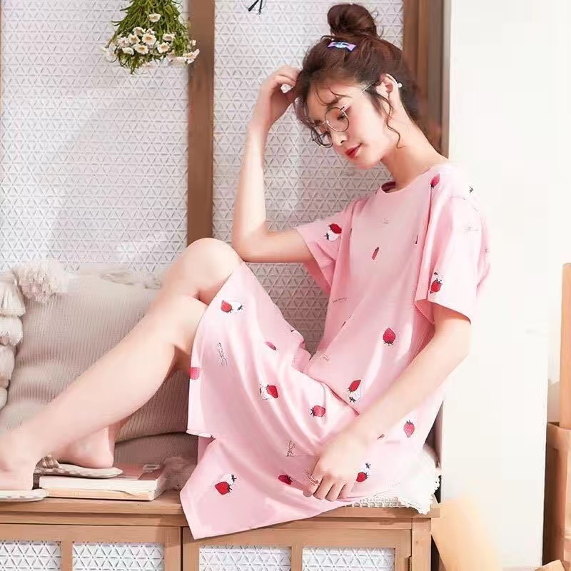 A?พร้อมส่ง?ชุดนอนกระโปรงเดรส ลายน่ารัก ชุดนอนผ้าคอตตอน ชุดนอนเซ็กซี่ ชุนดนอนฟรีไซส์ สไตล์เกาหลี ลายการ์ตูนสวยงาม