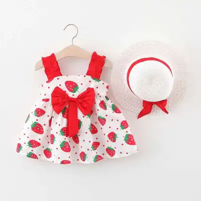 Summer skirt strawberry bow cotton new Korean version of cute little strawberry princess dress (buy clothing and giveaways toy)