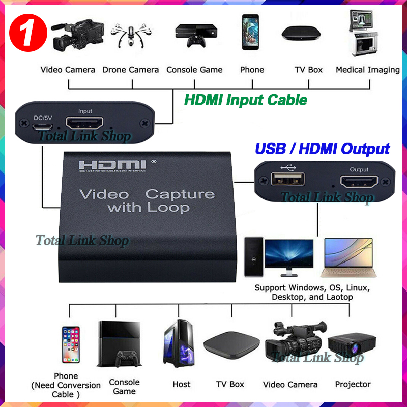 ⚡️จับภาพวีดีโอ⚡️ได้ทั้งภาพและเสียง HDMI Video Capture Card Device 1080P USB2.0 (มีรูไมค์/หูฟัง) (แถมสาย USB) HD Capture [6]