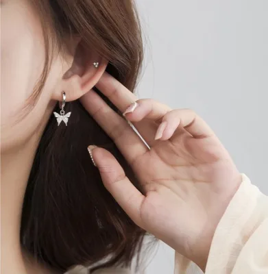 goodgift_station - butterfly earrings silver 925 ต่างหูเงินแท้ 925 ห่วงกลมแบบล็อค ห้อยจี้ผีเสื้อประดับเพชร
