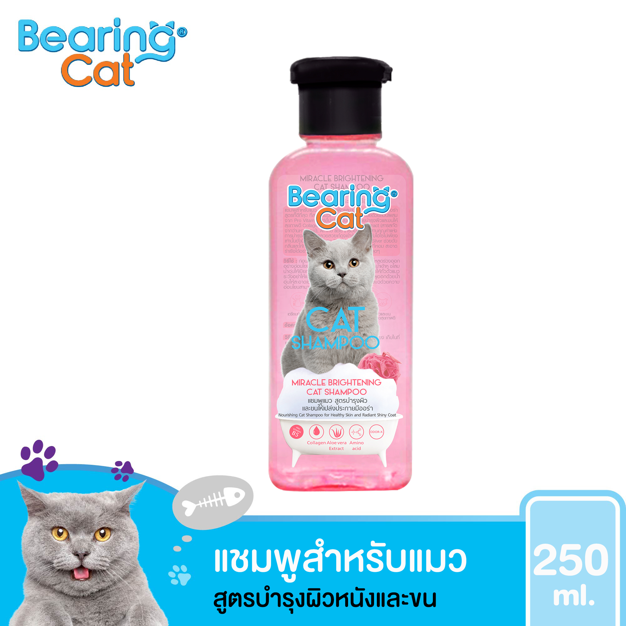 แชมพูแมว แชมพูอาบน้ำแมว แมว สำหรับแมว สูตรอ่อนโยน สำหรับแมวทุกสายพันธุ์ BEARING Cat Cat Shampoo สูตรบำรุงผิวและขนให้เปล่งประกายมีออร่า 250ml.