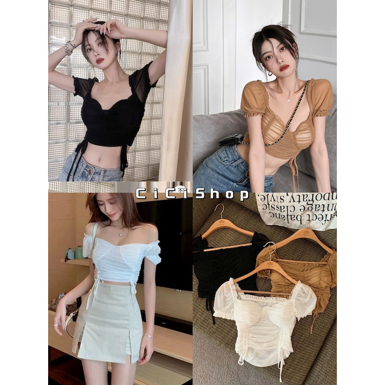 Cici(9053)เสื้อครอป แขนบาร์บี้ ใส่ได้2แบบ มีเชือกปรับความยาวได้ ผ้ายืด ใส่แล้วปังมาก ราคา 171 บาท*ส่งฟรี