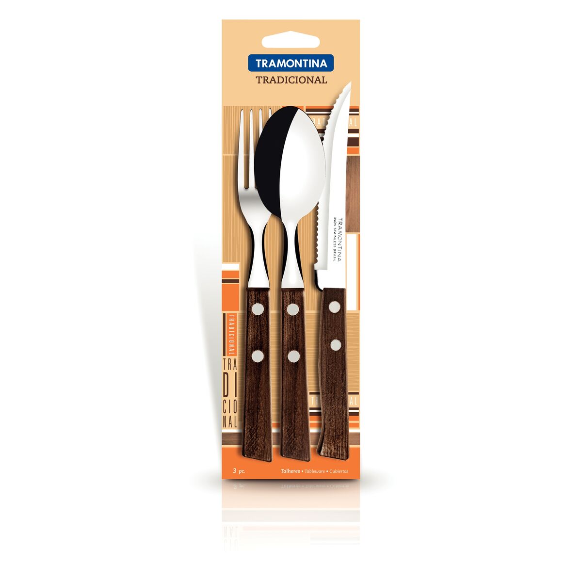 Tramontina Tradicional stainless steel flatware set with natural wood handles, 3 pcs ราคา 290 บาท*ส่งฟรี