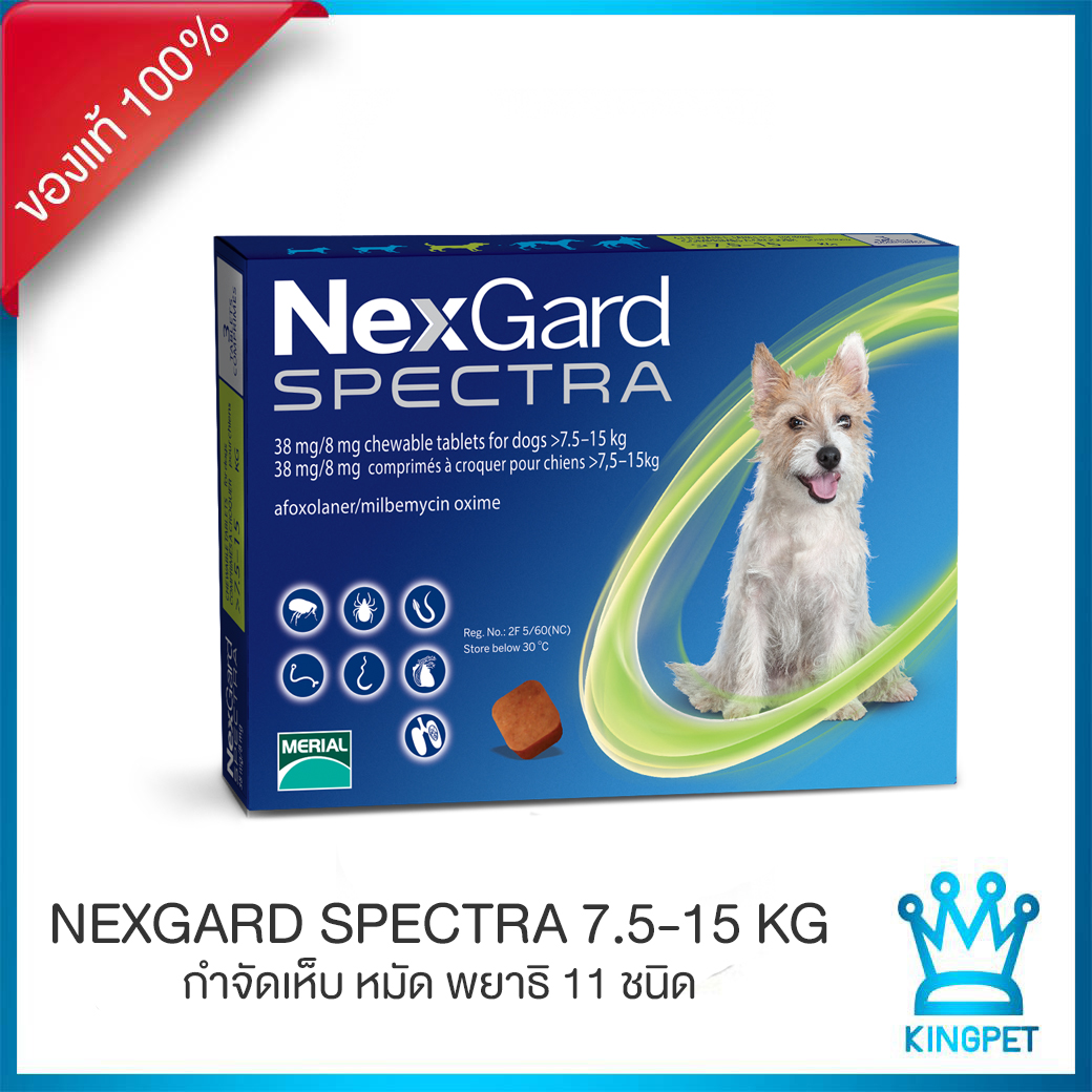 [หมดอายุ 06/2022] NEXGARD SPECTRA 7.5-15 KG กินทุกเดือนกำจัดเห็บ หมัด พยาธิ 11 ชนิดสำหรับสุนัข ( บรรจุ 3 เม็ด)