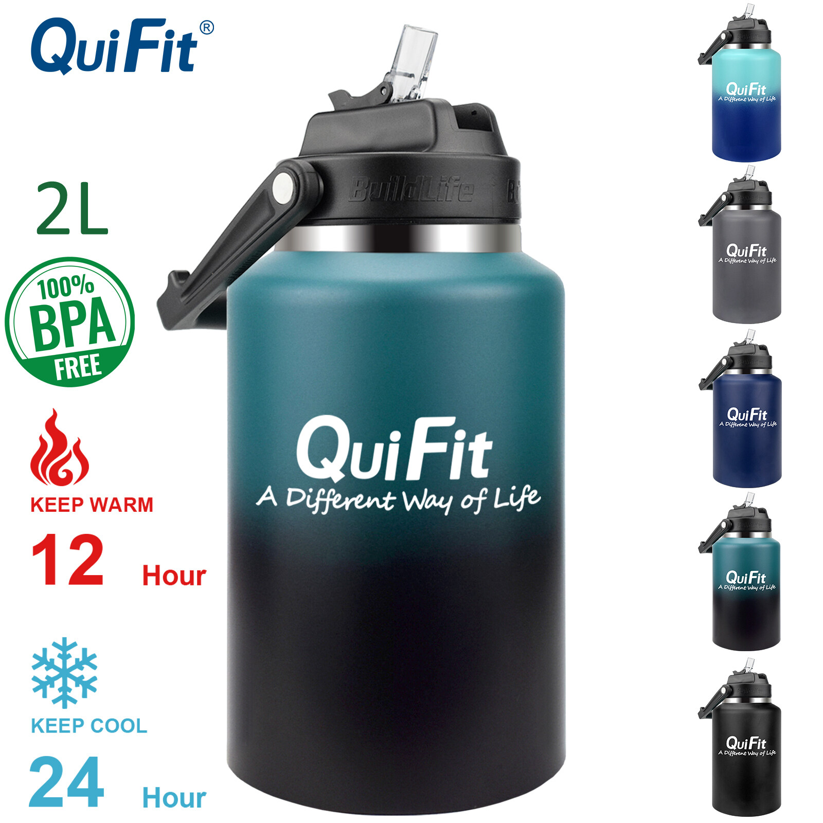 QuiFit 2L Stainless Steel Water Bottle Half Gallon Motivational Time Marker Tumbler Wide Mouth with Straw Lid Leak Proof Vacuum Insulated Water Jug ราคา 849 บาท*ส่งฟรี