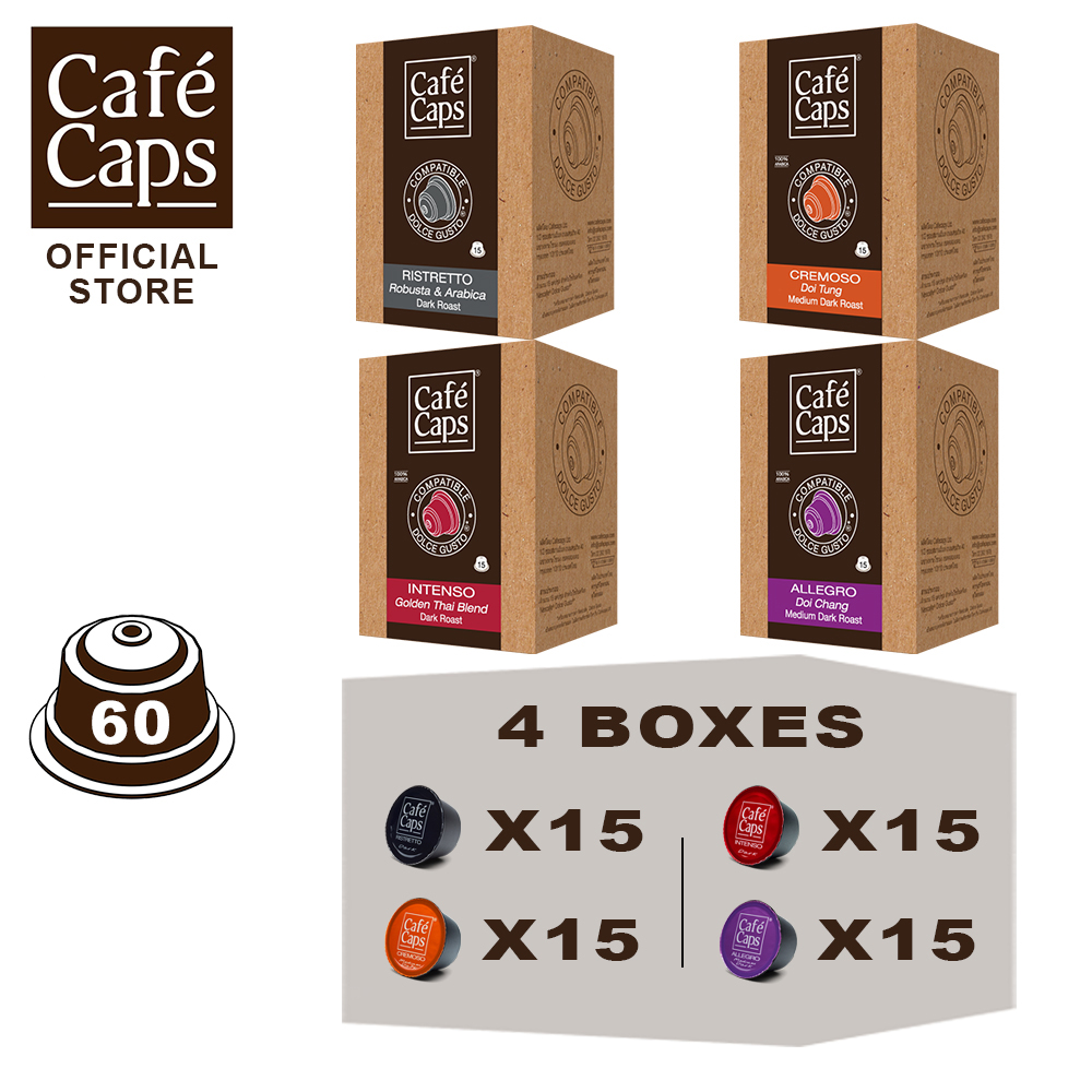 Dolce Gusto Compatible Coffee Capsule MIX (Ristretto, Intenso, Doi Chang & Cremoso) - Cafecaps (4 Boxes X 15 Caps) | กาแฟแคปซูล รวมรส ราคา 939 บาท*ส่งฟรี