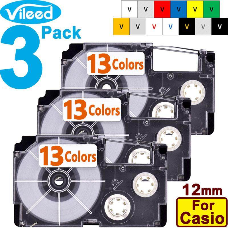 3 Pack 12mm Tape Cartridge for Casio EZ-label Printer KL-60 KL-100 KL-120 130 170 180 E300 780 820 8700 KL-8800 CW-L300 Print Label Black White Clear Red Blue Yellow Green Gold Silver XR-12WE XR-12WE1 XR-12X1 XR-12RD1 XR-12BU1 XR-12YW XR-12YW1 etc