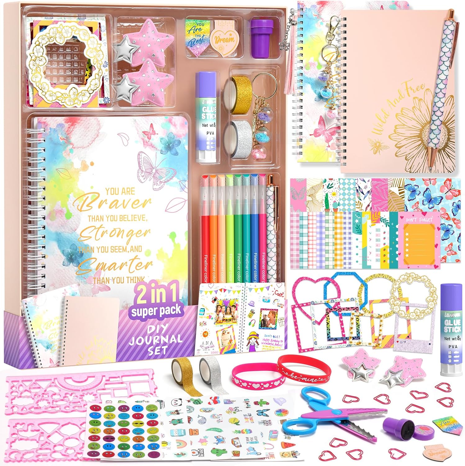 2-Pack DIY Journal Kit for Girls Ages 8-14 Year Old Birthday Christmas Gifts for Teen Girls 70+ Pcs Art & Crafts Scrapbook & Diary Supplies Toy Set Trendy Stuff for Kids