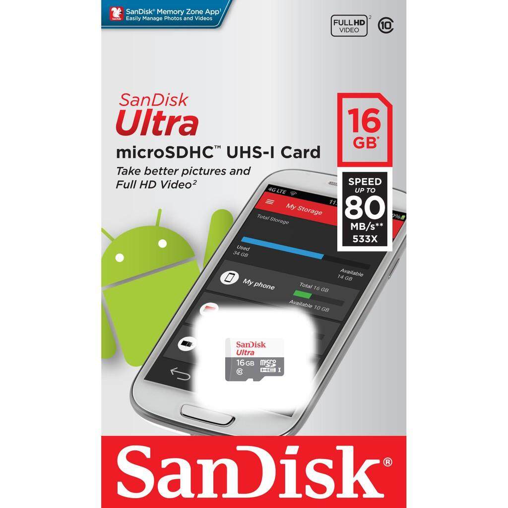SanDisk Ultra Micro SD Card Class10 16GB / 32GB / 64GB / 128GB (SDSQUNS) เมมโมรี่ การ์ด ใส่ โทรศัพท์ มือถือ สมาร์ทโฟน กล้องติดรถ กล้องหน้ารถ กล้องรถ กล้องIP กล้องวงจรปิด