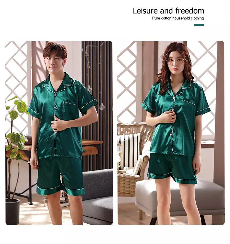 ชุดนอนคู่แฟชั่นเกาหลี,สีล้วน.ผ้าซาติน.【คู่-เสื้อแขนสั้น+กางเกงขาสั้น】