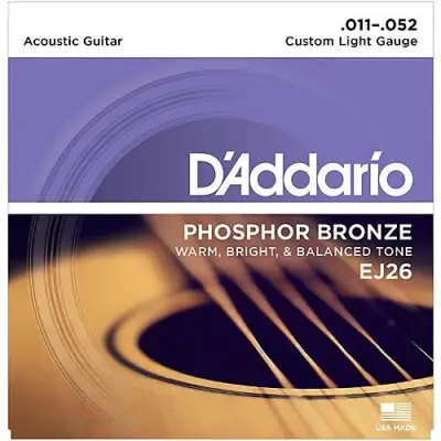 D'Addario® สายกีตาร์โปร่ง เบอร์ 11 แบบ Phosphor Bronze รุ่น EJ26 (Custom Light, 11-52) (สินค้าหายากจำนวนจำกัด)