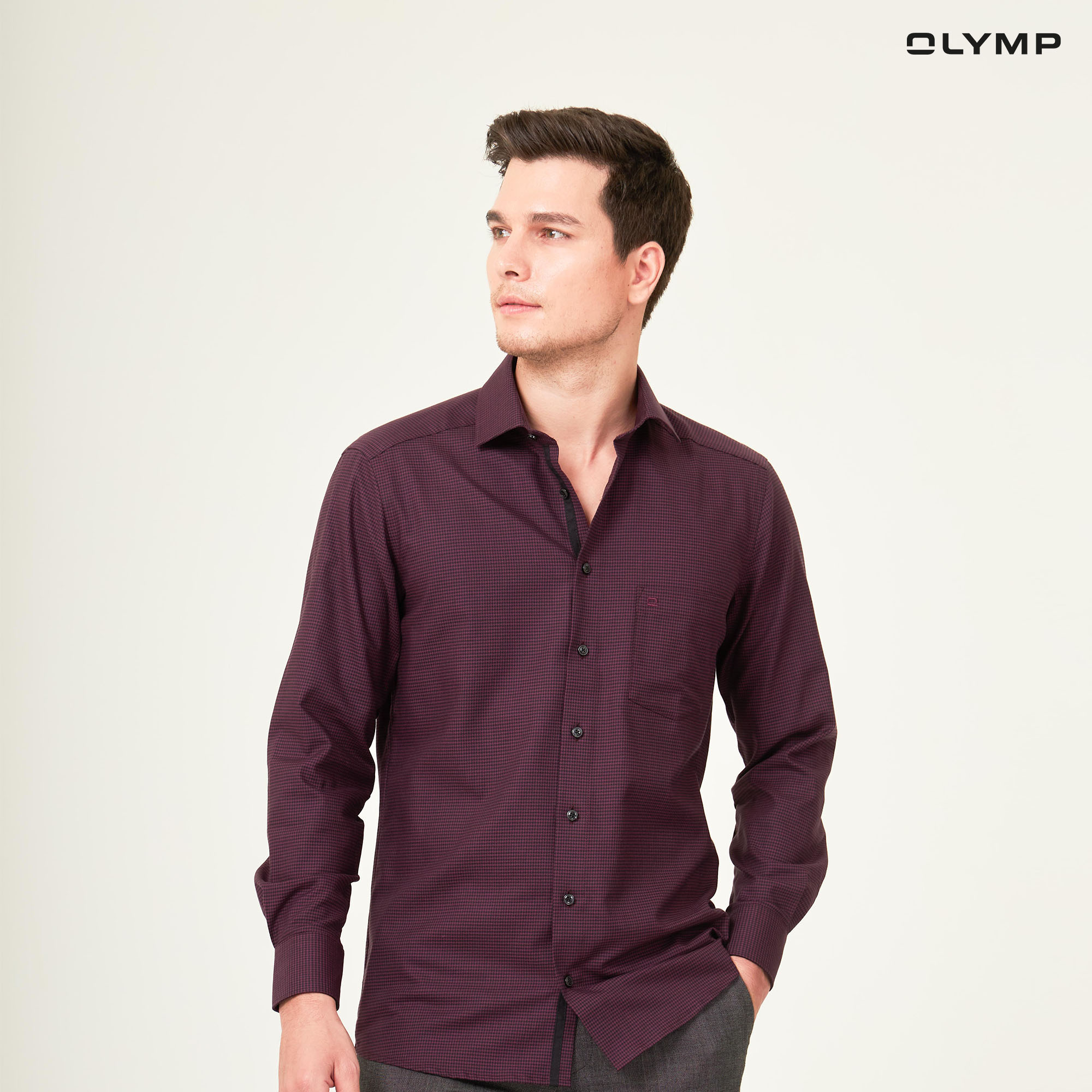 OLYMP LUXOR Shirt เสื้อเชิ้ตชาย สีดำ-แดงเลือดหมู ลายชิโนริ ทรงหลวม ใส่สบาย รีดง่าย AUTU22 ราคา 1,190 บาท*ส่งฟรี