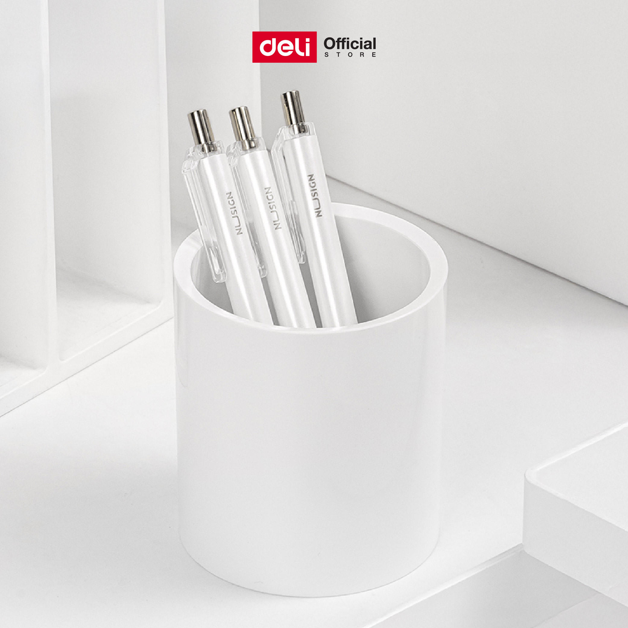 กล่องใส่ปากกา ทรงกระบอก Nusign Deli รุ่น NS023 (สีขาว) (จำหน่าย 1 ชิ้น)