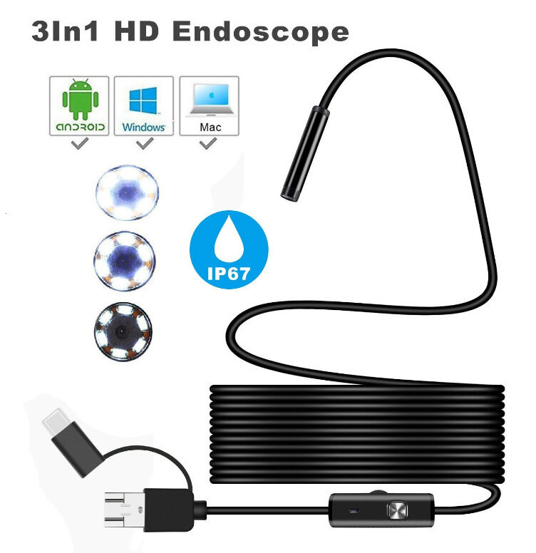 โคมไฟ USB 7mm Endoscope Camera Flexible IP67 Waterproof Micro USB Inspection Borescope Camera for Android PC Notebook 6LEDs Adjustable