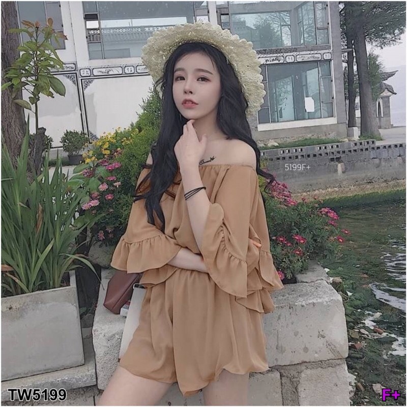 GN5199 **รบกวนสอบถามก่อนสั่งซื้อจ้า** Jumpsuit จั้มสูทขาสั้น ทรงปาดไหล่ผ้าชีฟอง