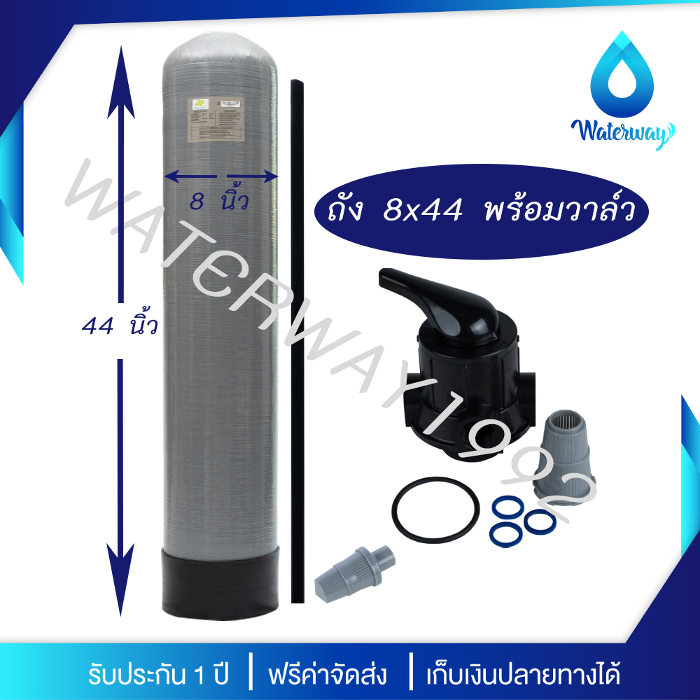 UNI PURE ถังกรองน้ำ 8x44 นิ้ว ถังไฟเบอร์กลาส สีเทา ทนแรงดัน 150PSI พร้อมหัวควบคุม Manual Valve เกลียว 1 นิ้ว อุปกรณ์ครบชุด รับประกัน 1 ปี (ไม่รวมสาร)