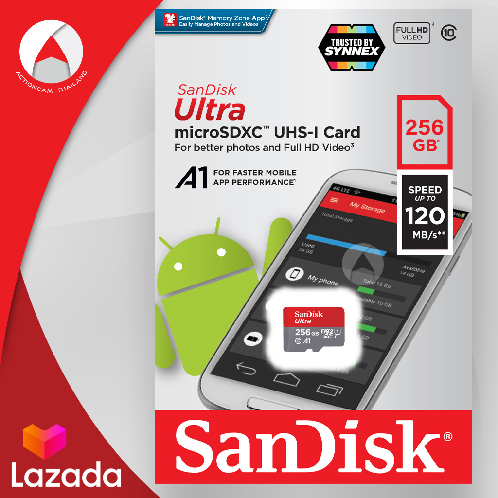 Sandisk Ultra microSD Card SDXC ความเร็วอ่าน 120MB/s ความจุ 256GB Class 10 A1 (SDSQUA4-256G-GN6MN) รุ่นใหม่ ไม่มีอะแดปเตอร์ เมมโมรี่ การ์ด แซนดิส Memory ประกัน Synnex 10 ปี แดงเทา