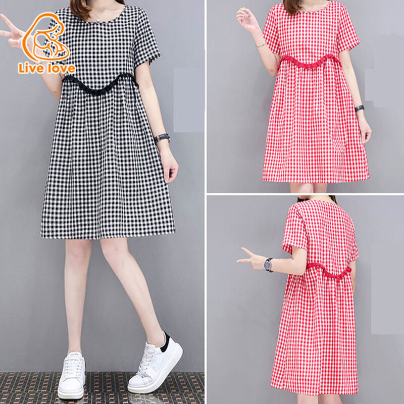 HAOERWU maternity dress,summer new maternity clothes,Fashionable Nursing Plaid Dress ราคา 144 บาท*ส่งฟรี