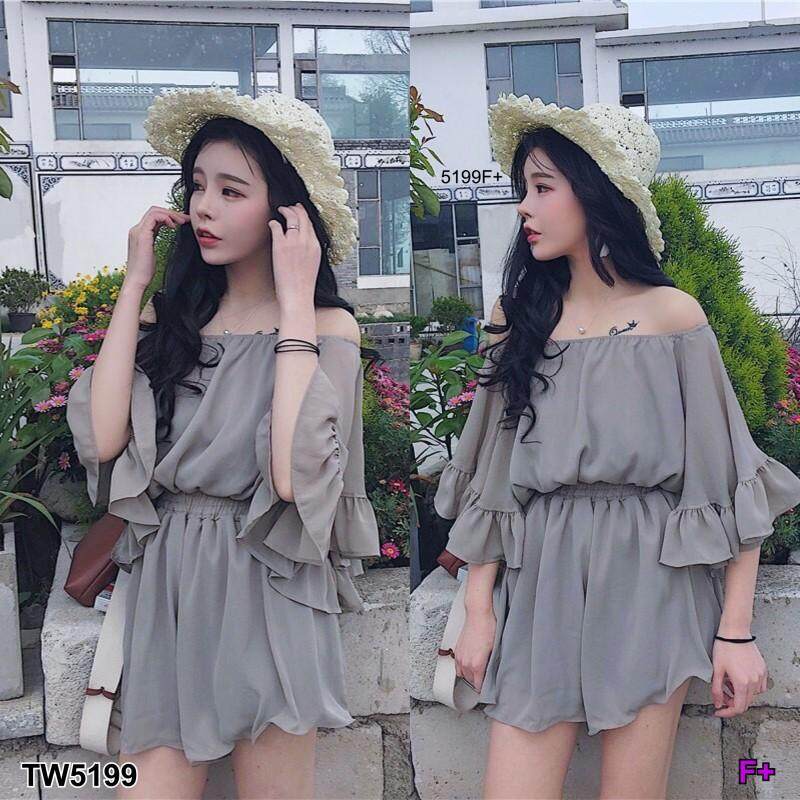 GN5199 **รบกวนสอบถามก่อนสั่งซื้อจ้า** Jumpsuit จั้มสูทขาสั้น ทรงปาดไหล่ผ้าชีฟอง