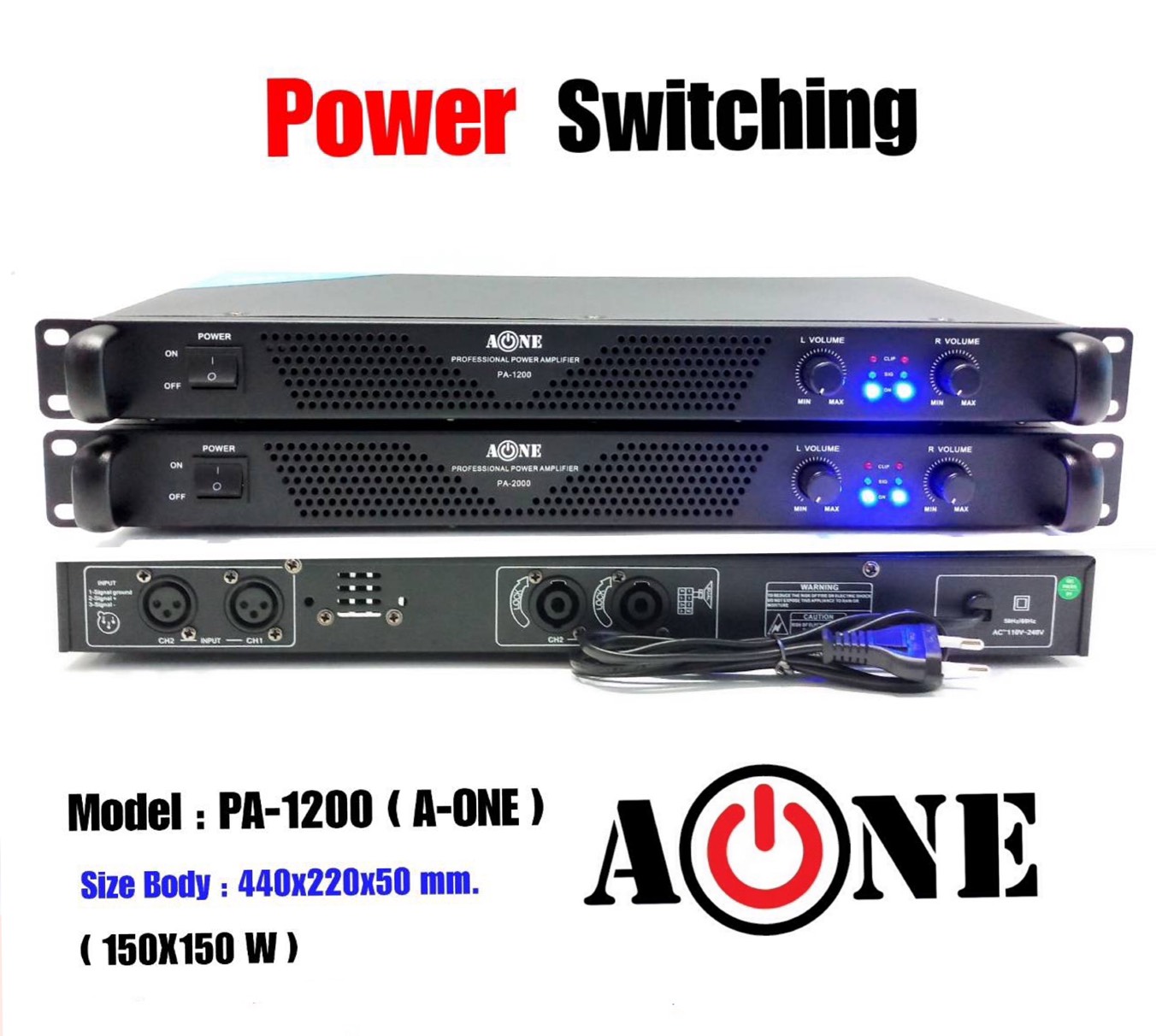 A-ONE  เพาเวอร์แอมป์ 300วัตต์รุ่น PA-1200 Max Powet:150W*2 ที่ 8 โอมป์ 2CH รุ่นPA-1200 (ราคาต่อ 1 เครื่อง )