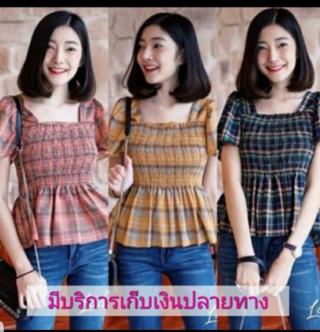 เสื้อลายสก๊อต สม็อค รอบอก ยืดได้ถึง 38 นิ้วมความยาว 22 นิ้ว