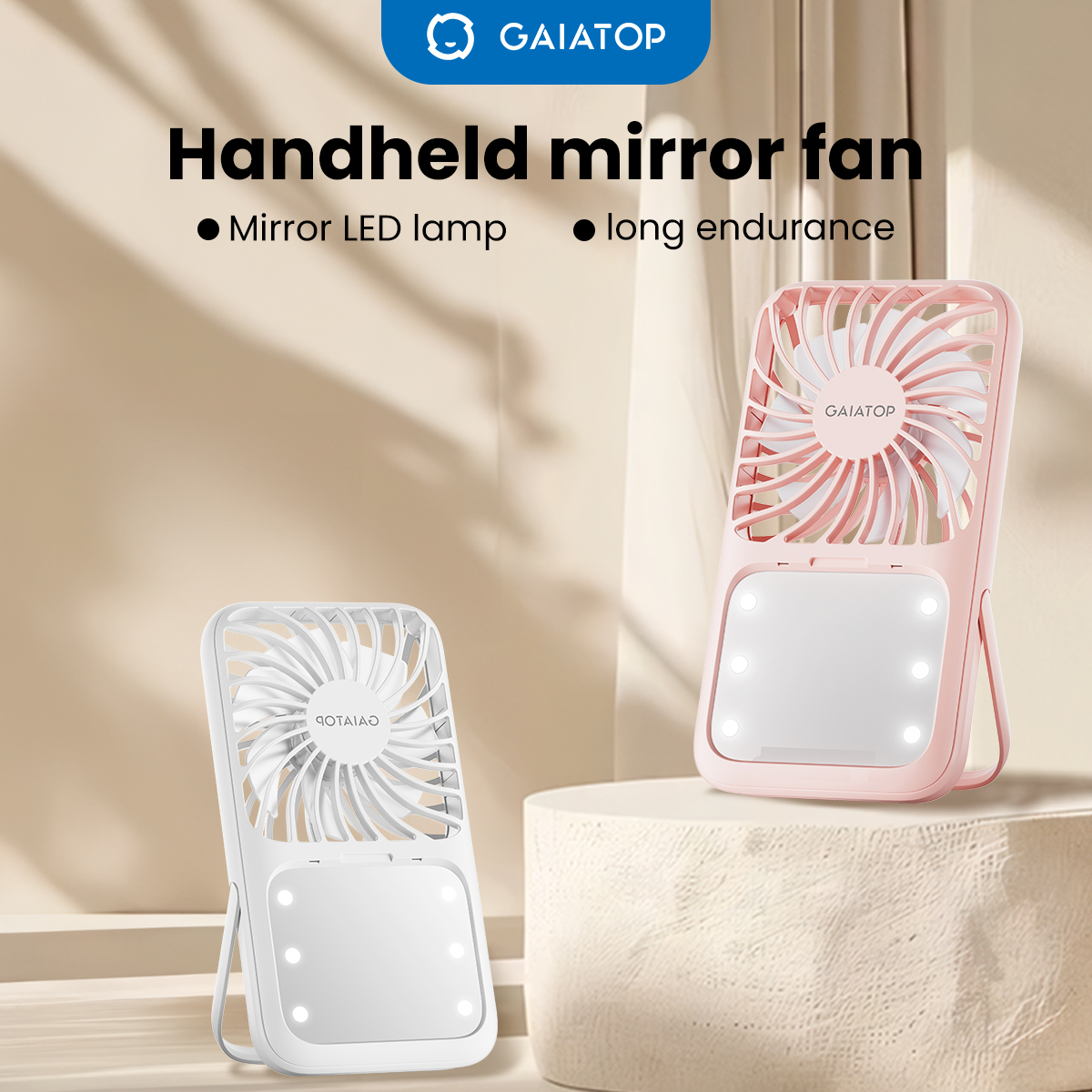 Handheld Mini Fan, 3 Speed Portable Lash Fan Makeup Mirror with LED Light USB Rechargeable Personal Desk Fan with Stand, Small Hand Fan for Outdoor Travel Gifts for Women Girls ราคา 199 บาท*ส่งฟรี