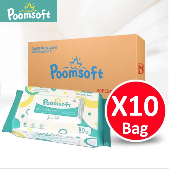 Poomsoft กระดาษเปียกเด็ก กระดาษทิชชู่เปียกเด็ก 80แผ่น x 10แพ็ค (800 แผ่น) เช็ดชูเปียก ทิชชูเปียก Baby Wipes