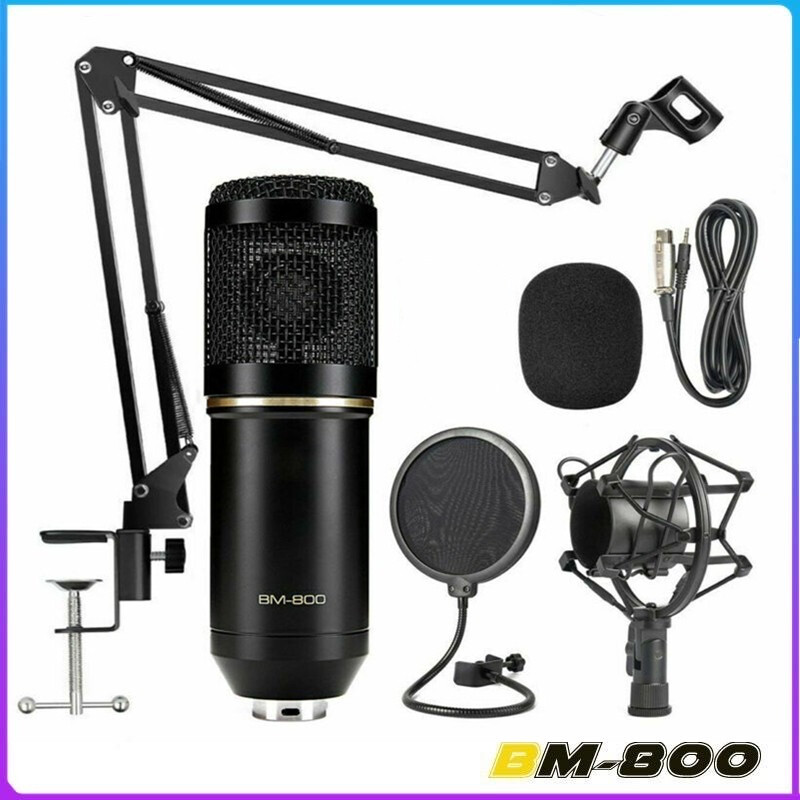 ไมค์ ไมค์อัดเสียง คอนเดนเซอร์ Pro Condenser Mic Microphone BM800 พร้อม ขาตั้งไมค์โครโฟน และอุปกรณ์เสริมUSB【โช้คอัพโลหะ】