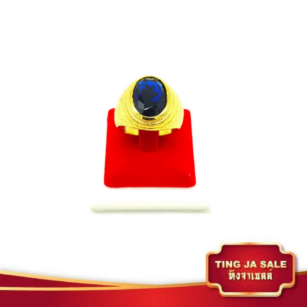 แหวนทอง ประดับพลอย น้ำเงิน ขนาด 6x4 เล่นไฟระยิบระยับ ชุบทองไมครอน สินค้าขายดีพร้อมส่ง