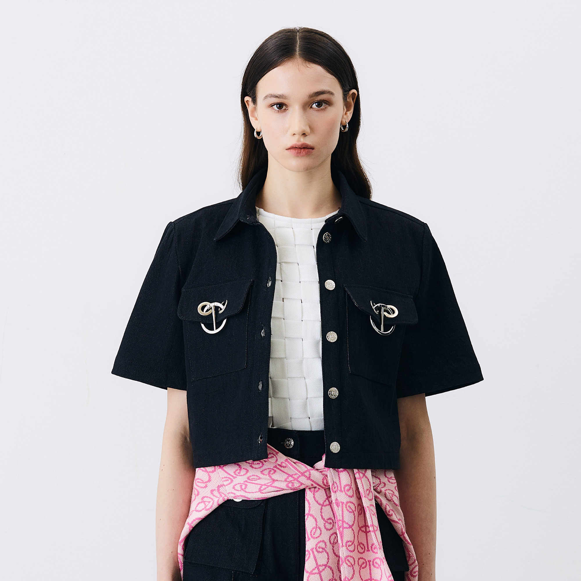 [Disaya] - Black Denim Jacket with Disaya Logo Silver Hoop at the Pockets ราคา 3,795 บาท*ส่งฟรี