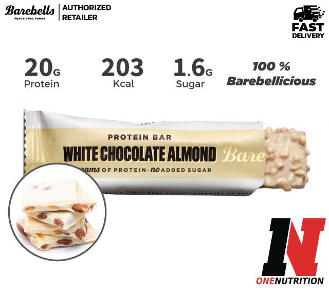 Barebells Protein Bars 55g /1Bar - White Chocolate Almond High Protein and Low Carb Bar โปรตีนบาร์ รสชาติ ไวท์ช็อคโกแลต  1 ชิ้น