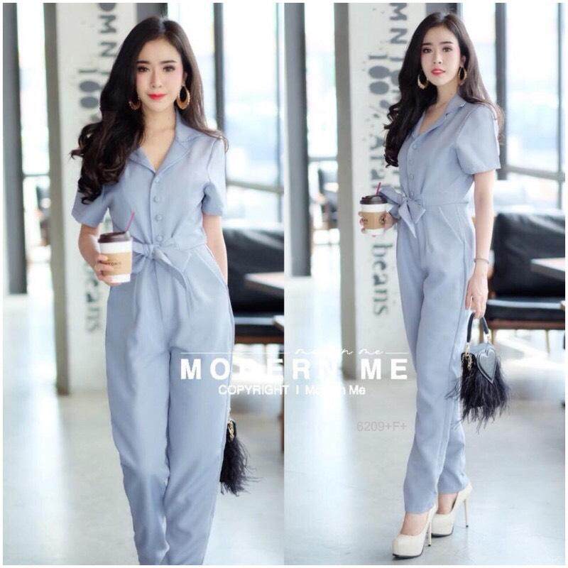 SS6209 Jumpsuit จั๊มสูทขายาว กระดุมหน้า ผูกเอว