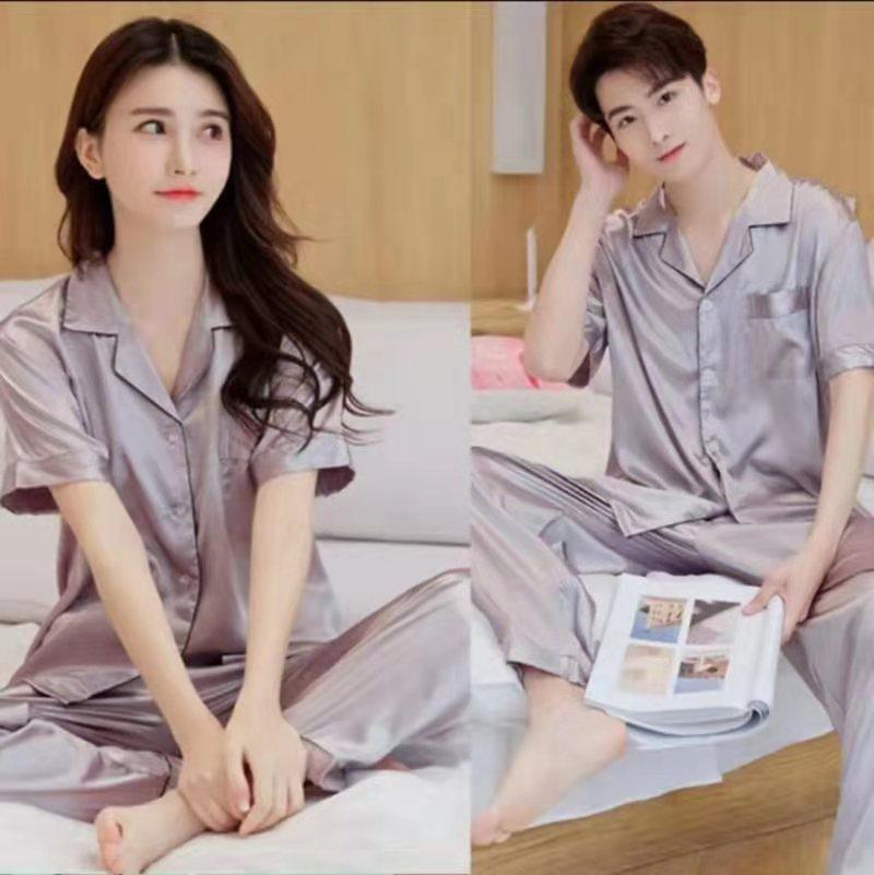 Sky mirror-SHOP ชุดนอนคู่แฟชั่นคู่เกาหลี，สีล้วน ผู้ใหญ่Womenผ้าซาติน เสื้อแขนสั้น+กางเกงขายาว
