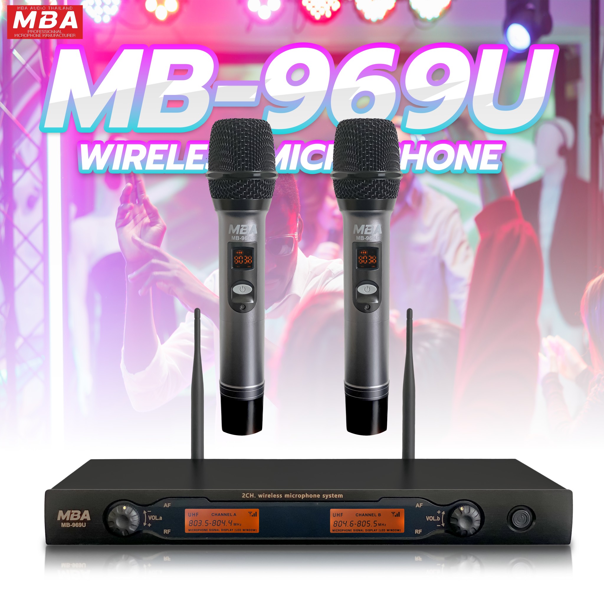 ไมค์ลอยคู่ UHF Wireless Microphone ไมค์โครโฟนไร้สาย MBA รุ่น MB-969U MIC-888A (UHF แท้ 100%) (s)