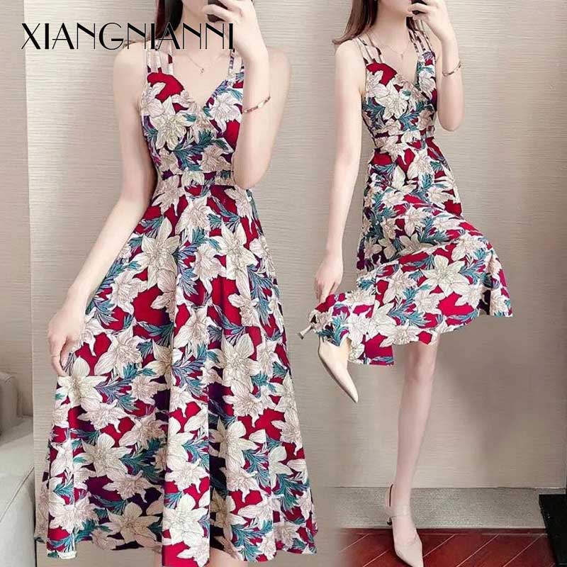 XIANG NIAN NI XIANG Women's Women's Floral Dress Suspender Dress V-Neck Waist Skirts Women's skirts Plump girl dress 2025 ราคา 159 บาท*ส่งฟรี