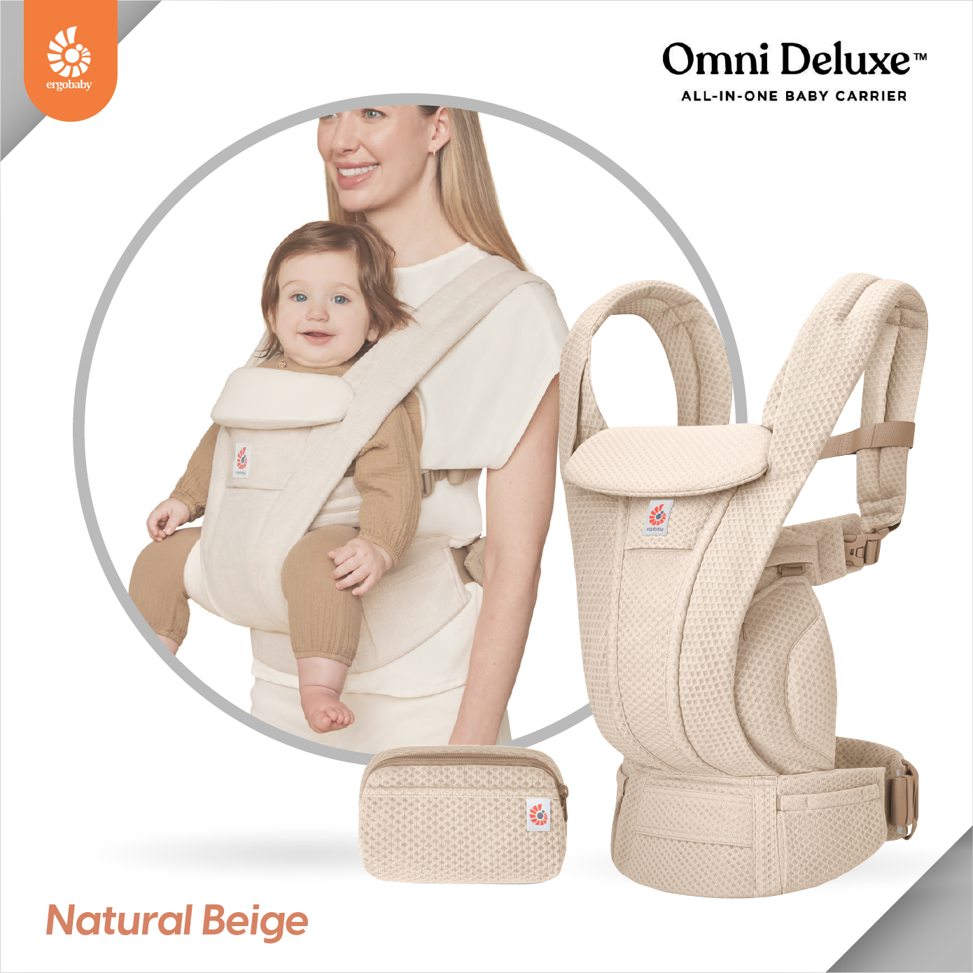 Ergobaby เป้อุ้มเด็ก รุ่น Omni Deluxe Mesh - Natural Beige สำหรับ 0-48 เดือน รุ่นใหม่ล่าสุด รองรับแรกเกิดโดยไม่ต้องเสริมเบาะ ปรับได้ 4 ท่า ระบายอากาศดี ซัพพอร์ตหลังและสะโพก ใส่สบายทั้งวัน